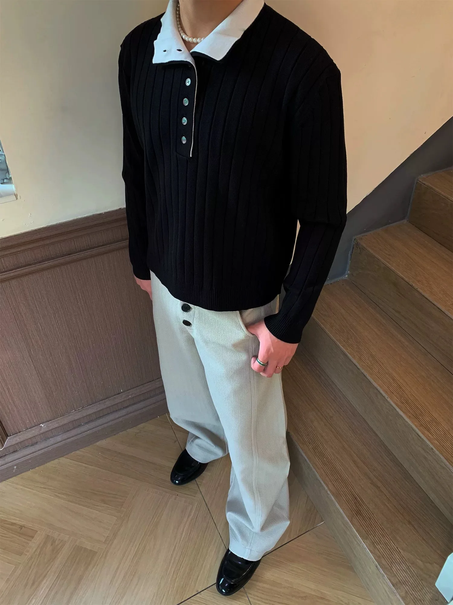 

Длинный вязаный свитер в американском стиле ретро, мужской зимний свитер с несколькими пуговицами, теплый универсальный цветной свитер с воротником-стойкой