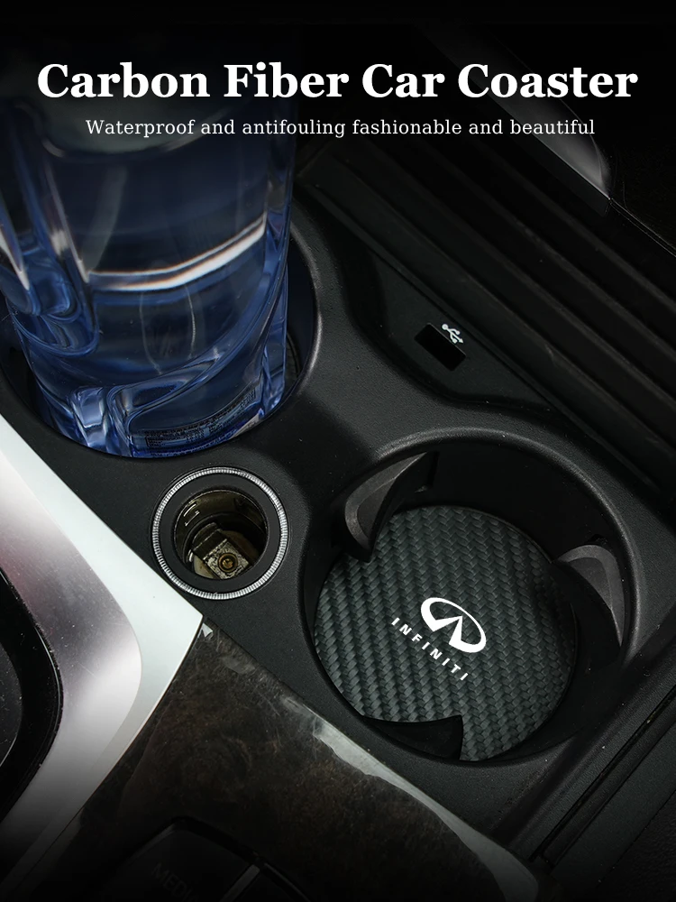 2 Stück Auto-Kohlefaser-Leder-Getränkeuntersetzer, geräuschdämpfende Matten für Infiniti Q50 FX35 Q30 G37 Q70 QX70 G35 Q60 QX50 QX60 QX80 QX30 – Detail 3
