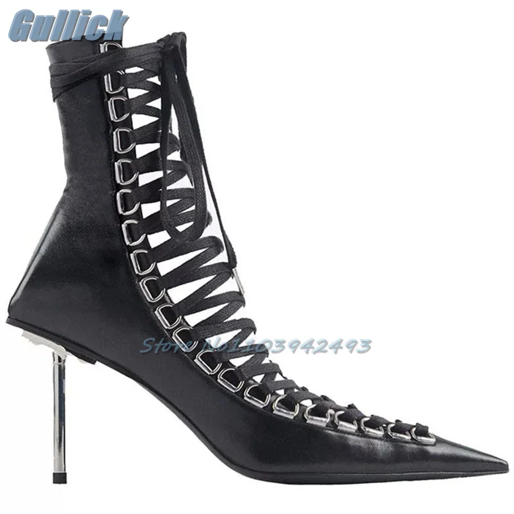 

Босоножки на каблуке с металлическим декором, летние короткие сапоги в римском стиле со шнуровкой и острым носком, женские роскошные дизайнерские черные модельные туфли для подиума