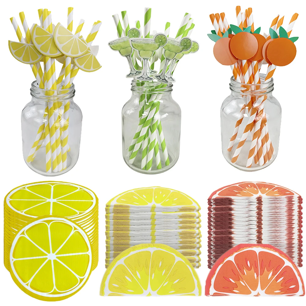 Servilletas de papel de limón, servilletas de cóctel desechables, pajitas de papel a rayas de limón y naranja, suministros para fiesta de verano y cumpleaños para niños