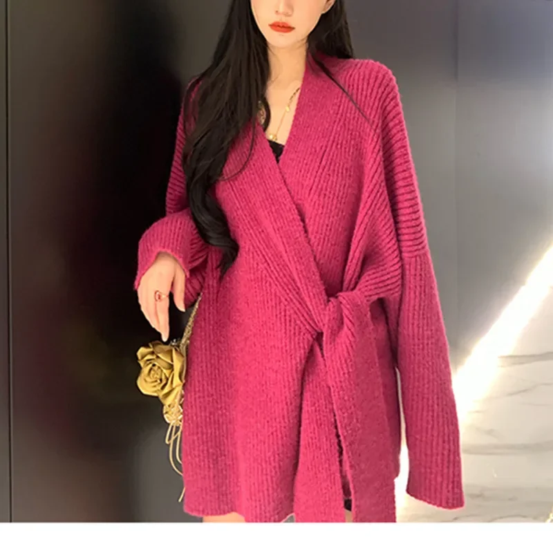 

SuperAen 2024 Autumn and Winter New Women's Temperament Lace-up Design Knitted Cardigan Korean Style Loose Fashion Sweater Coat