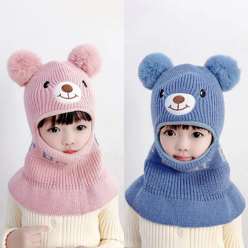 Bear Winter Baby Bonnet Hat Scarf One-Piece Pompom Kids Knitted Hat for Girls Boys Warm Ears Neck Children Cap for Skiing 2-6Y