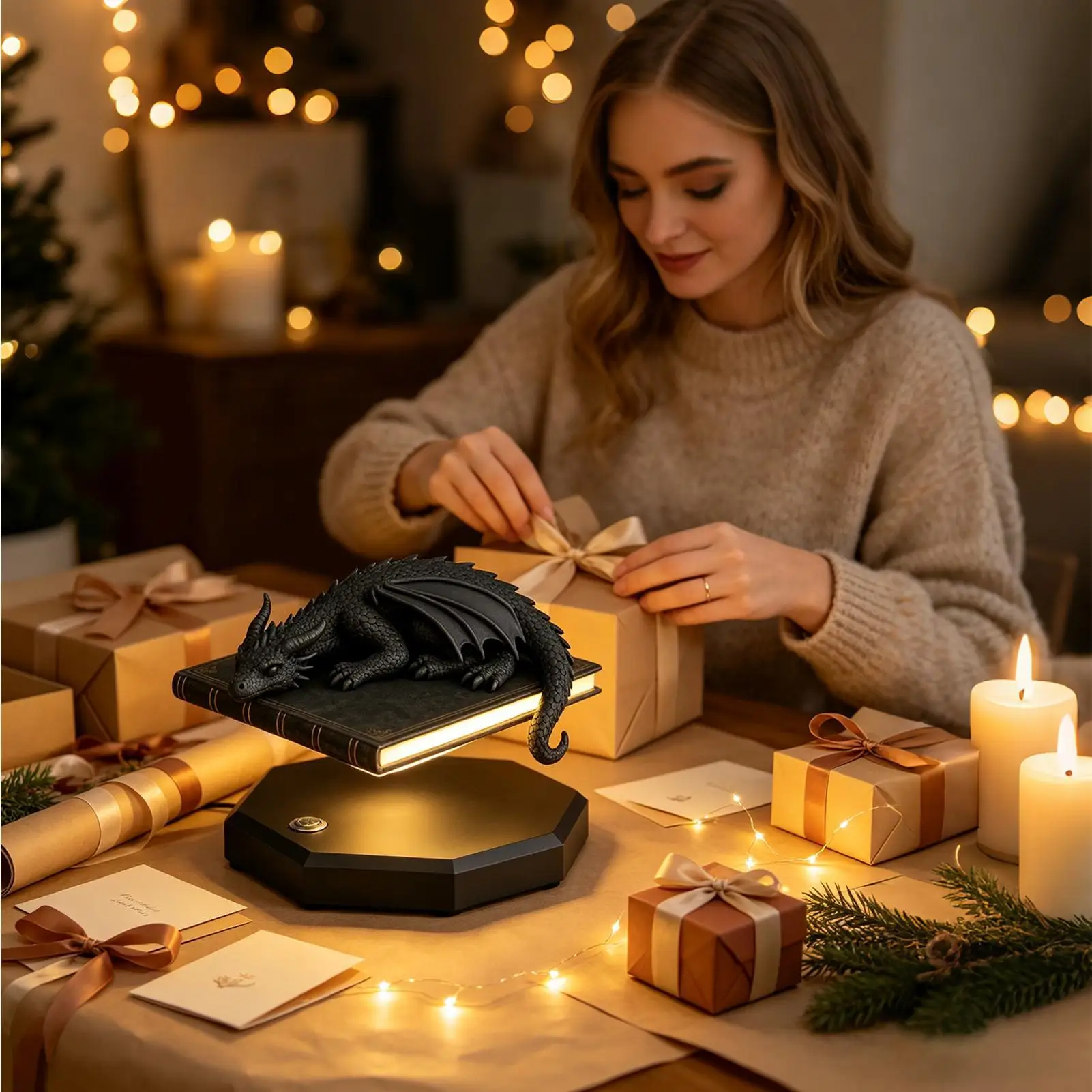 Bookcase Lamp Floating Dragon Vintage USB Rechargeable Table Centerpiece Library Bookshelf Lighting for Bedroom Living Room