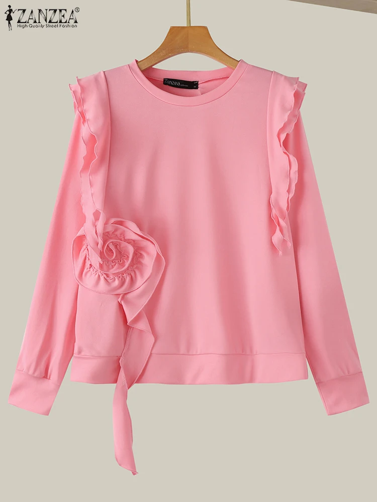 ZANZEA-suéter holgado informal para mujer, jersey liso, sudaderas de manga larga con farol elegante, sudaderas con capucha con costuras 3D florales a la moda 2024