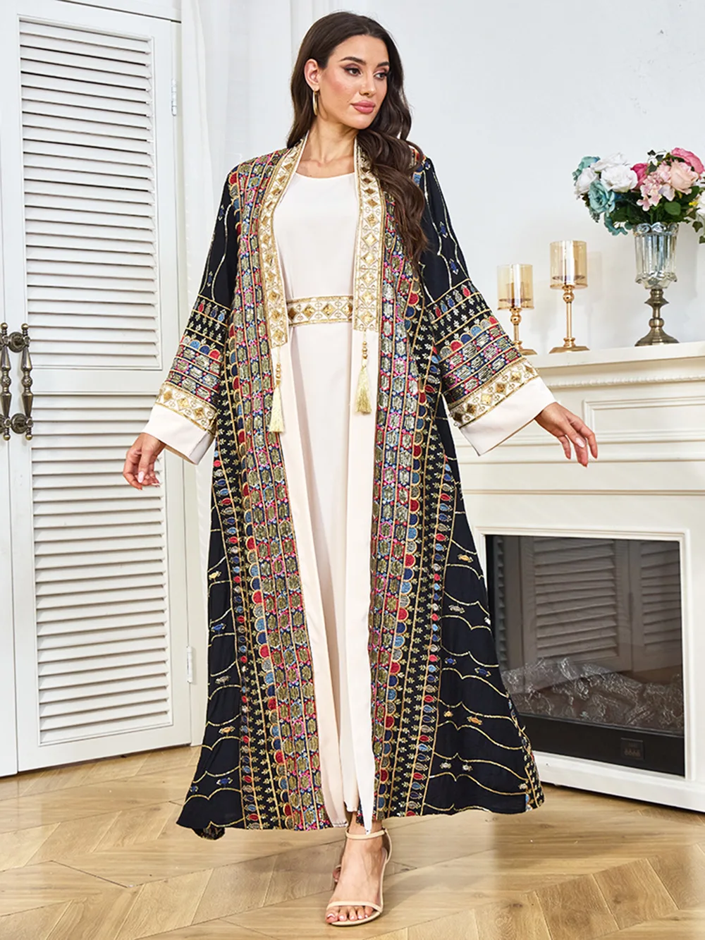 

2 Piece Set Muslim Abaya Dress With Sequins Embroidery Tassels Women's Elegant Patchwork Dress