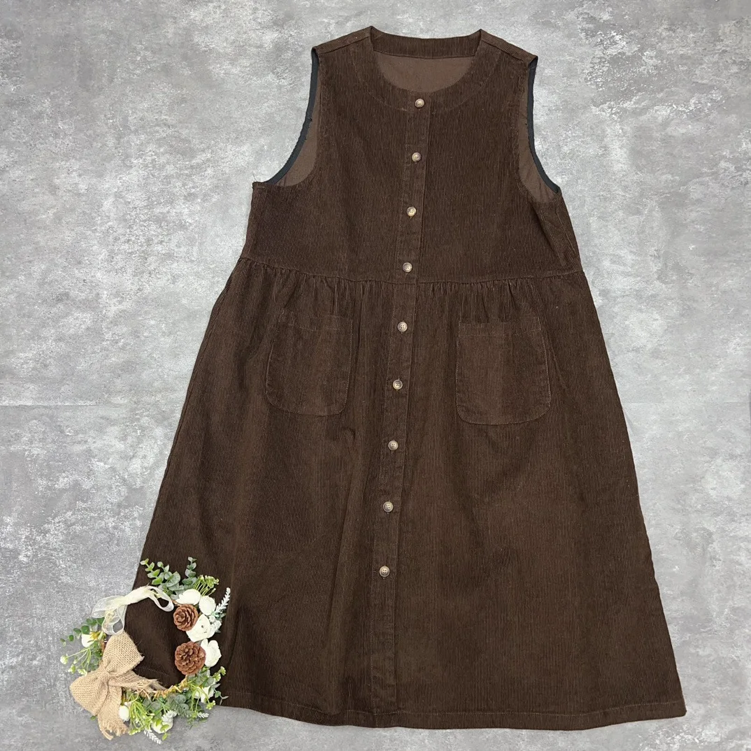 Johnature Corduroy button-down vestjurk voor dames Grote zakken Casual veelzijdige katoenen dames tankjurken