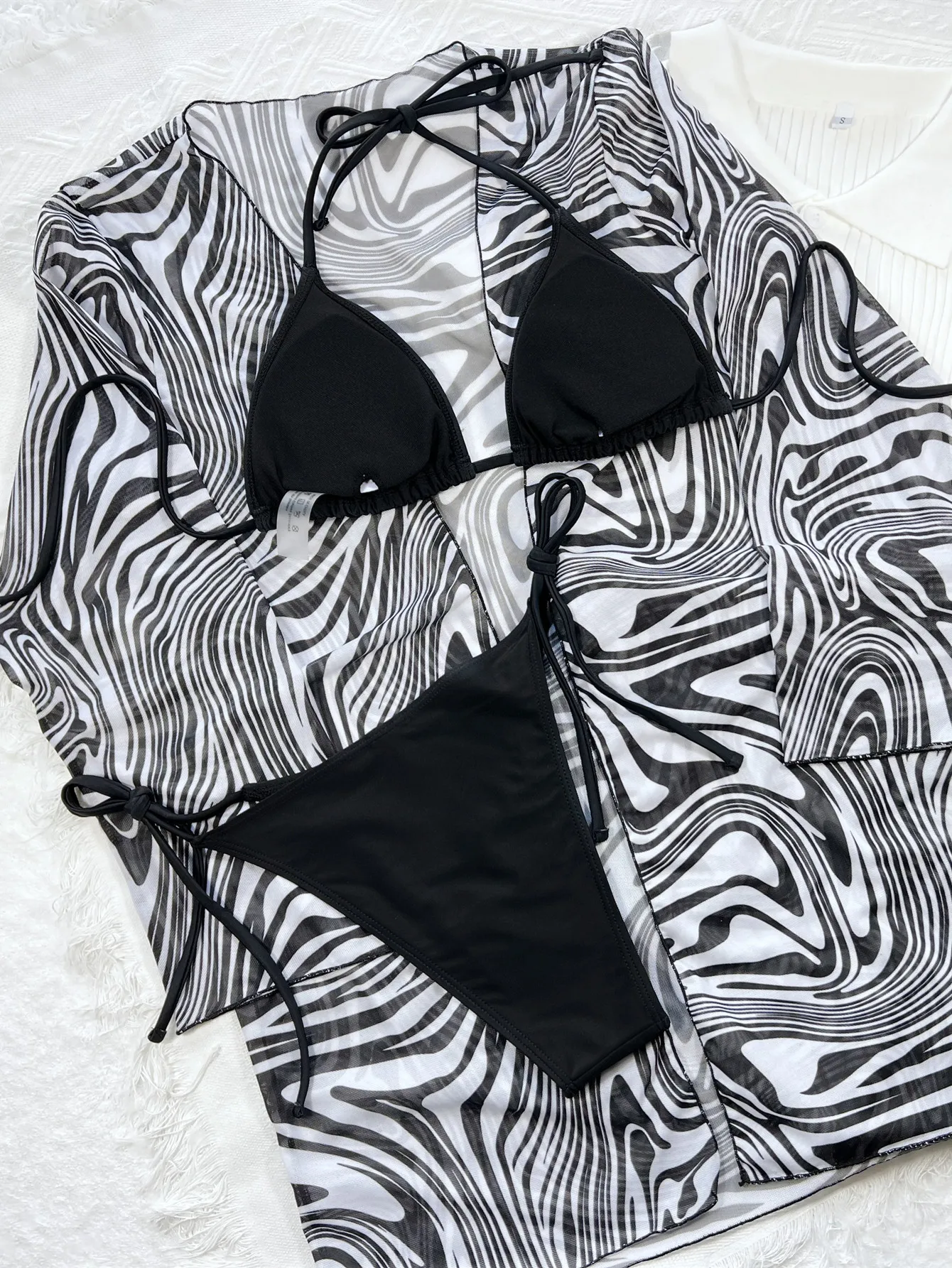 Bikini Set sexy schwarz Micro Tanga 3 Stück Bade bekleidung Badeanzug mit Zebra gestreiften Druck vertuschen Neck holder Badeanzug Strand kleidung