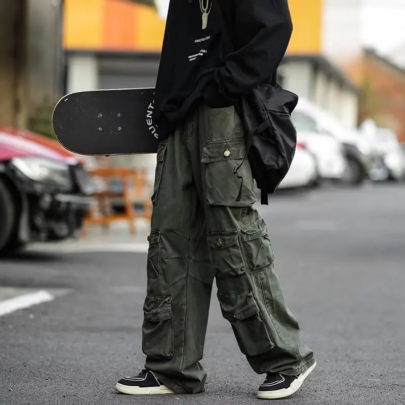 American High Street Vibe Style Retro Fashion Brand Casual Trousers All-Match Loose Straight Wide Leg Multi-Pocket Cargo Pants