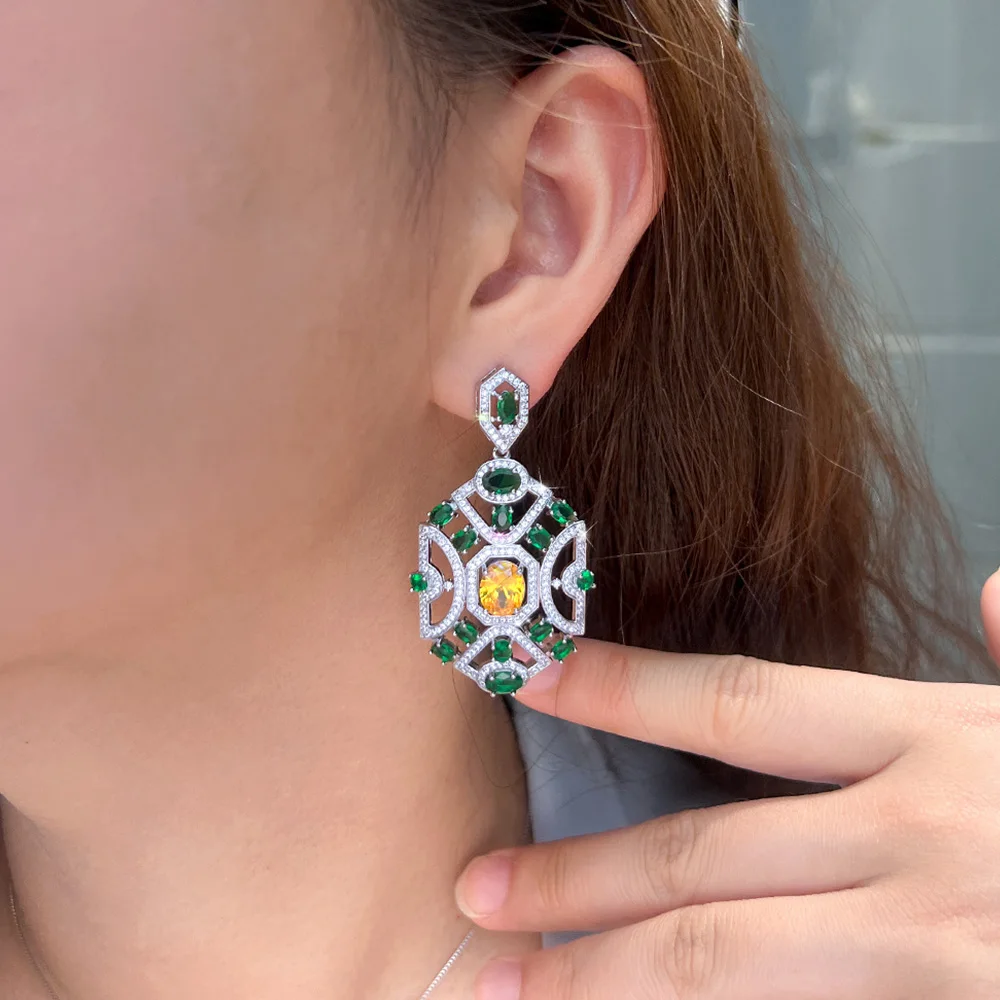 BeaQueen Ethnic European Design Green Yellow Cubic Zirconia Luxury Big Dangle Earrings for Women Anniversary Jewelry Gifts E1151