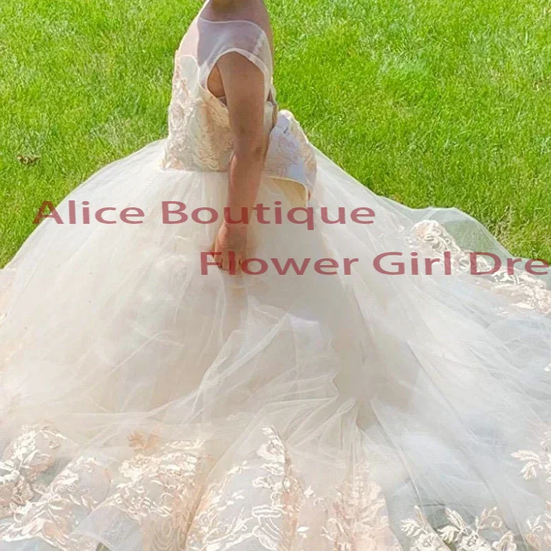 妖精フラワーガールドレスレースアップリケAラインプリンセスOネックボールガウン結婚式初聖体拝領誕生日パーティードレスカスタマイズ