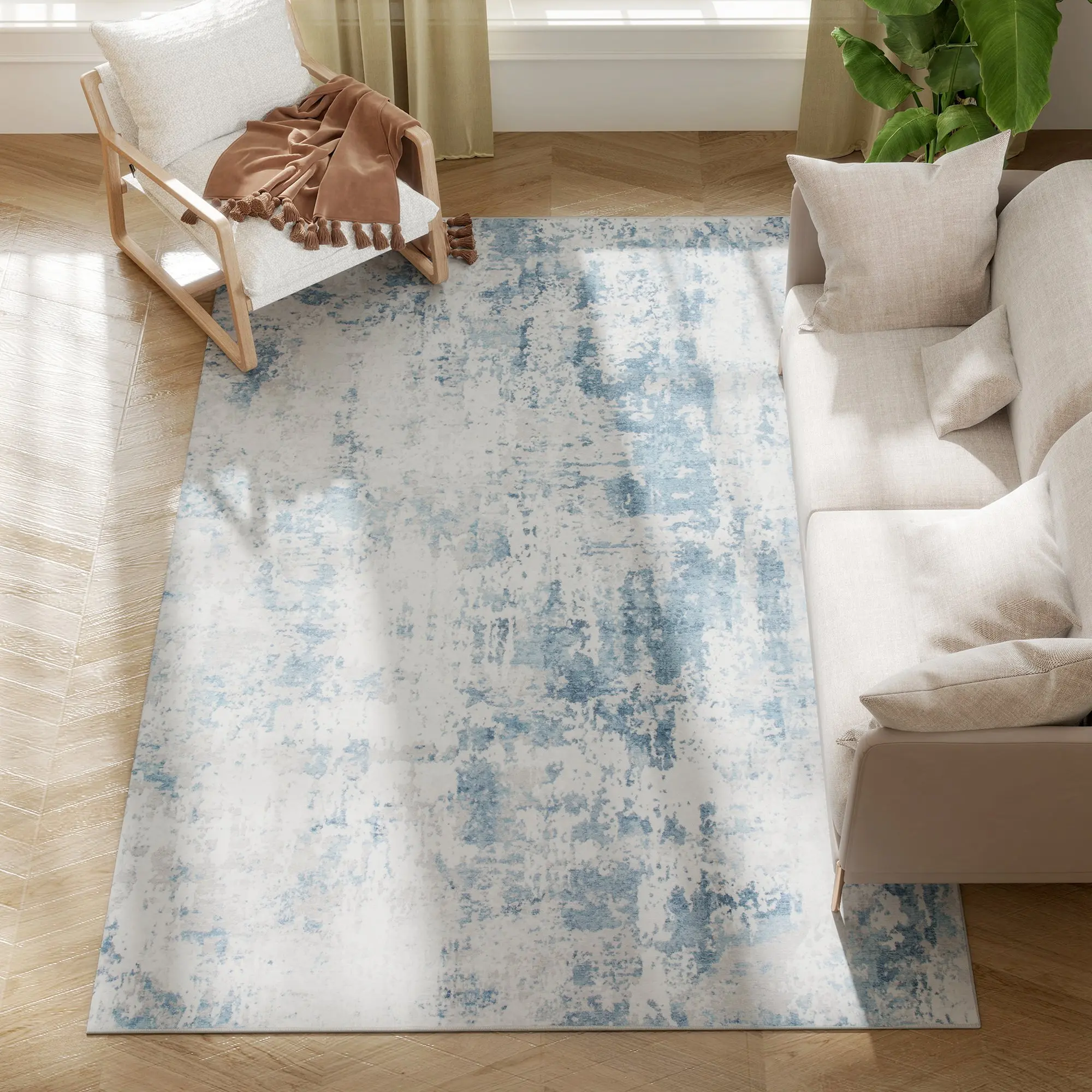 Area Rug 5x7, Machine Washable Rug, Non-Slip Modern Abstract Floor Cover Foldable Carpet, Blue