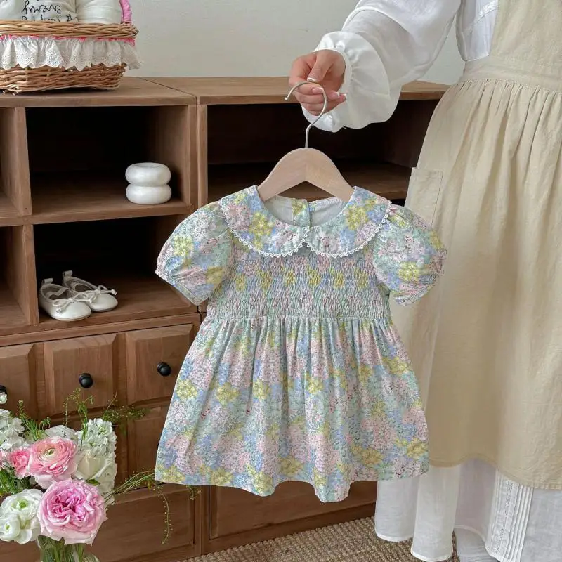2026 Summer New Girls Short Sleeve Floral Dress Children Princess Dress Baby Girl Cute Sweet Ruffle Collar Dress Toddler Clothes