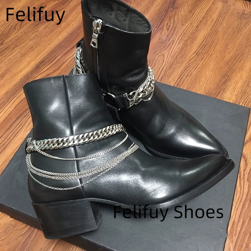 Mens Silver Chains Boots High Heel Zipper Sneakers Black Ankle Work Casual Men's Boots Business Dress Shoes Leather Casual Shoes