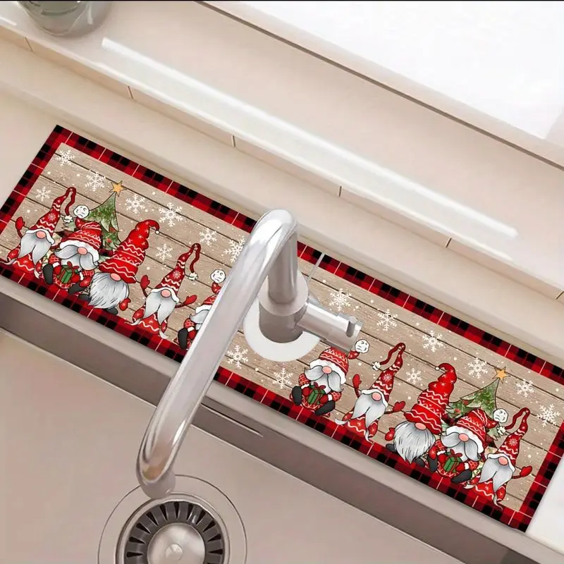 VIKAMA Christmas Gnome Plaid Kitchen Mat Absorbent Sink Drying Mat Non Slip For Kitchen Counter Dining Room Xmas Decor