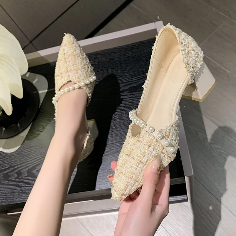 

Pointed Toe Women Shoes Elegant Ladies High Heels Fashion Slip-on Women's Slippers New Summer Hollow Woman Party Pearls Shoes