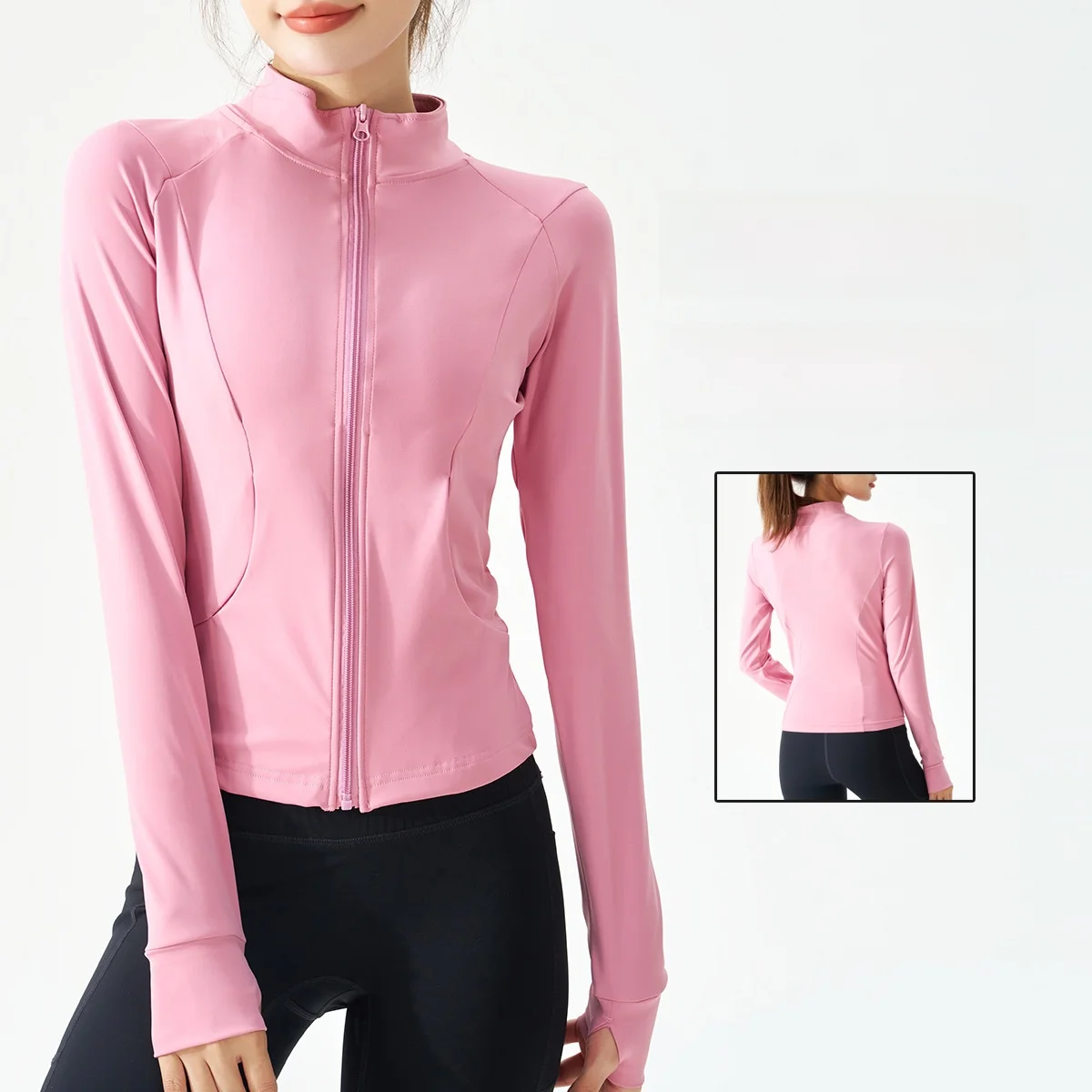 سترة رياضية نسائية بأكمام طويلة، سحاب ضيق، كاجوال بقصة ضيقة، ملابس لليوجا واللياقة البدنية للجري والتدريب في الخريف #4