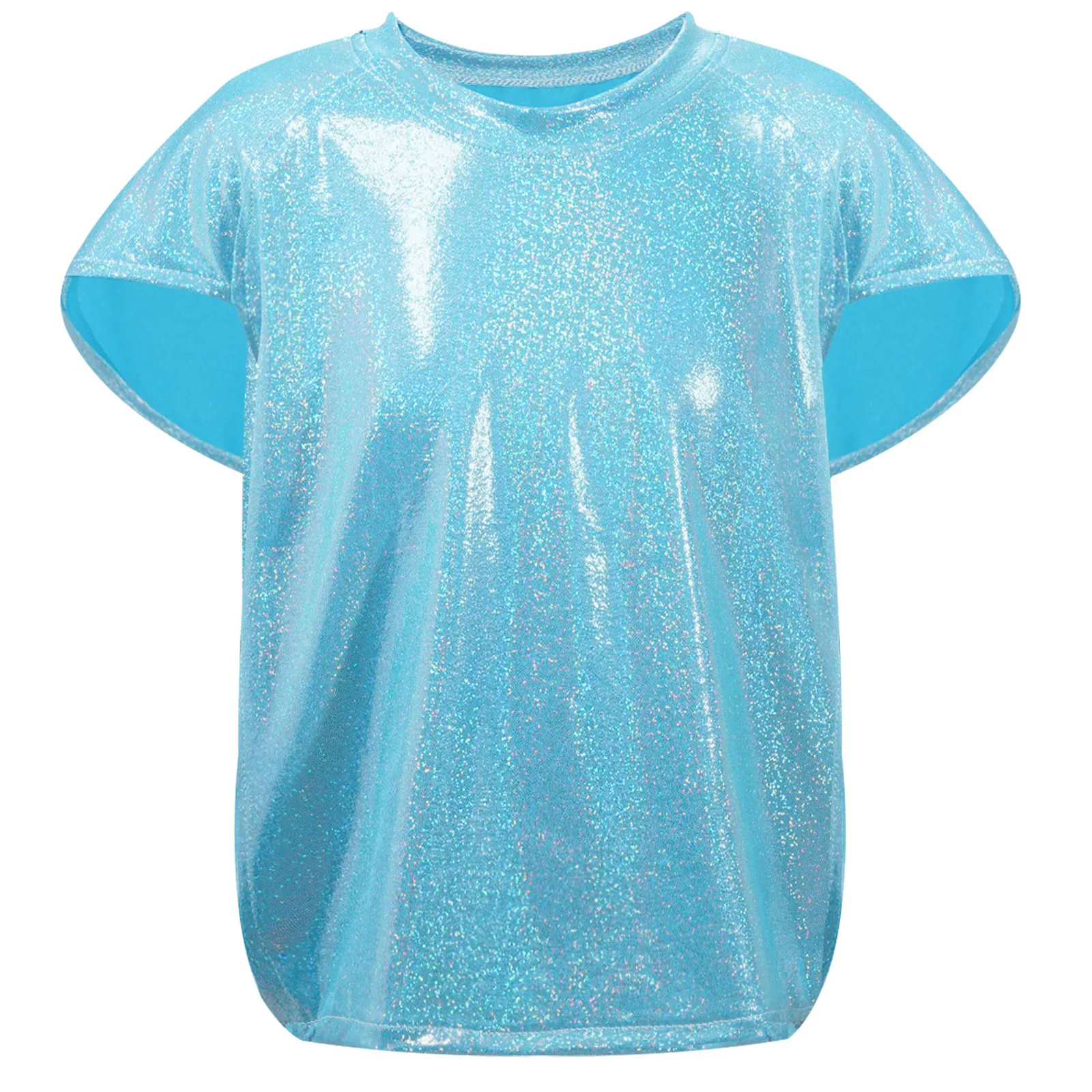 Kids T-shirt for Girls Boys Batwing Sleeve T-shirts Cheerleading Jazz Dance Stage Performance Costume Tops Metallic Streetwear