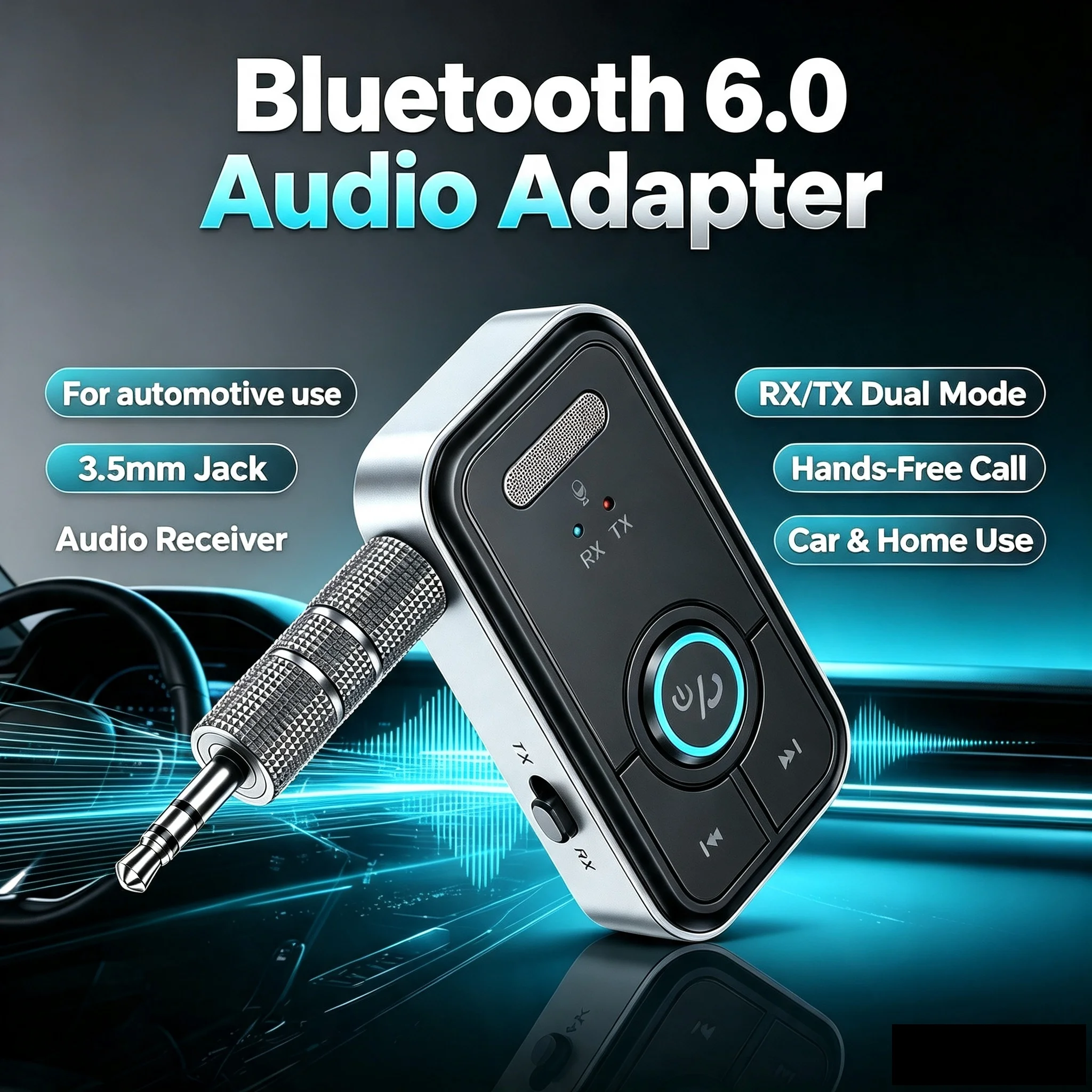 2 IN 1 Bluetooth 6.0 Audio Transmitter Receiver 3.5mm AUX Jack Wireless Adapter Dual Pairing Hands-Free Call For TV Car Speaker