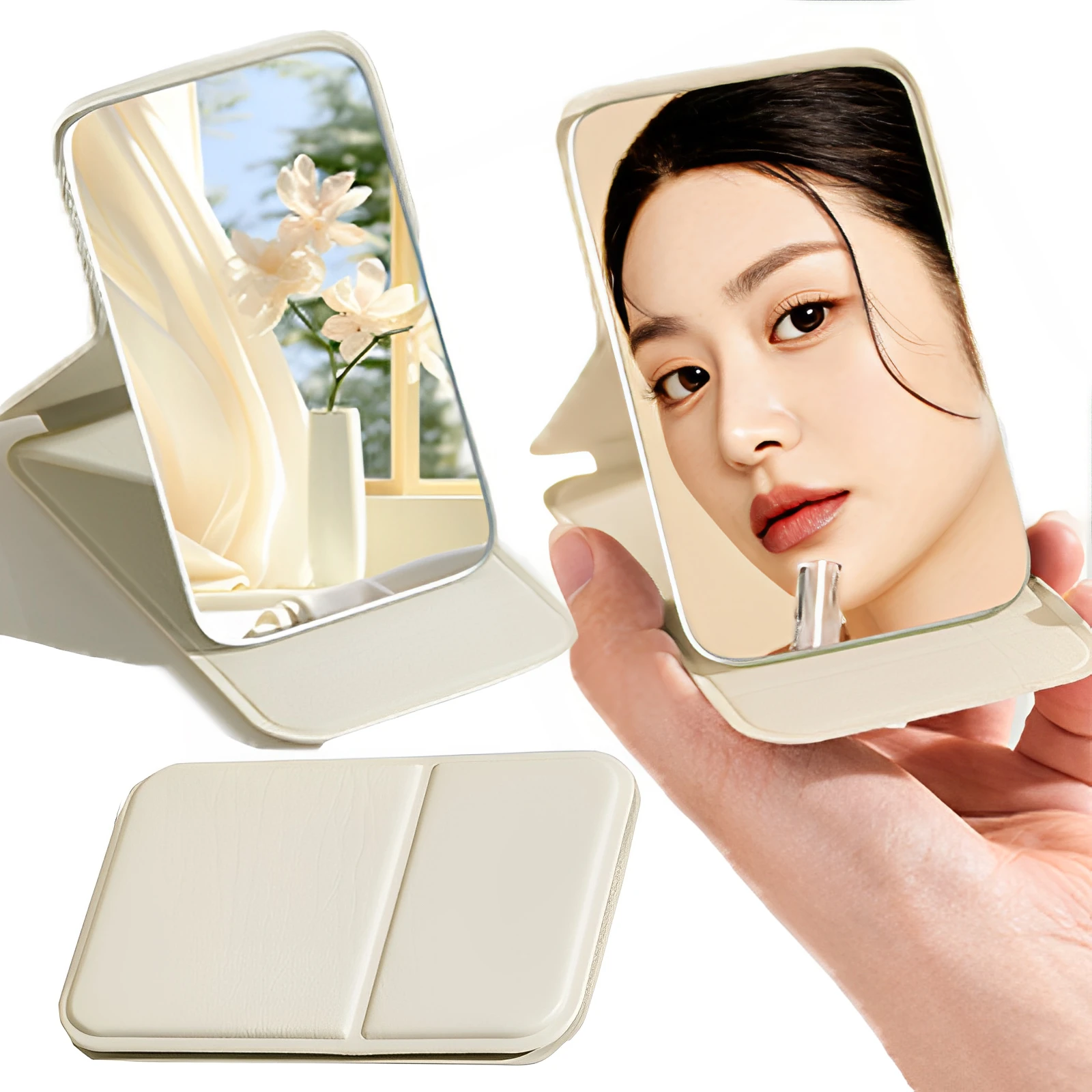 Women Mini Folding Makeup Mirror Handheld Portable Single-side Makeup Mirror Solid Color PU Leather High Definition Vanity Tools