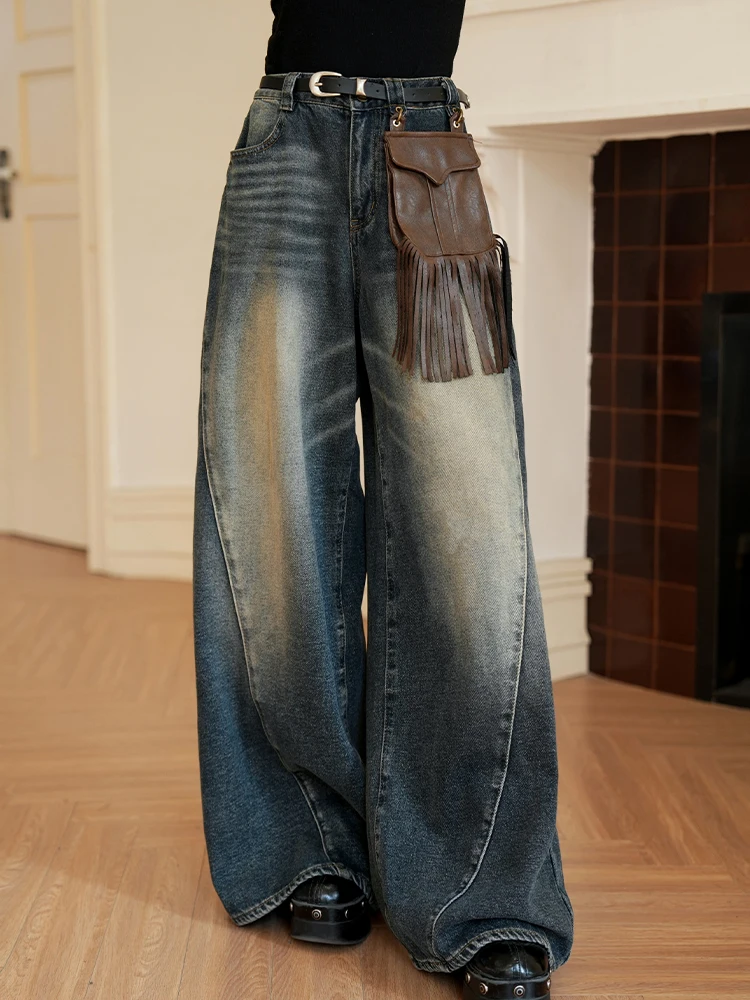 

Retro Design Wide Leg Blue Jeans Women's Waed Color Blo Loose Floor-Length Pants Autumn Winter New Sle Casual Cotton