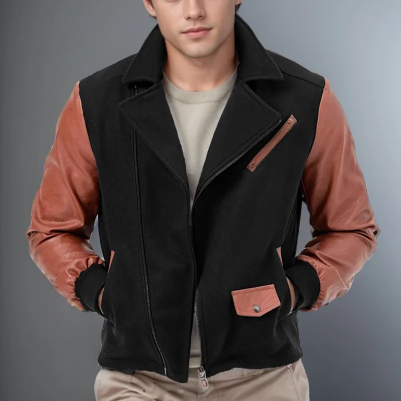 Foreign Trade New PU Leather Splicing Woolen Men's Jacket Lapel Color Matching Zipper Jacket Coat Men Clothing