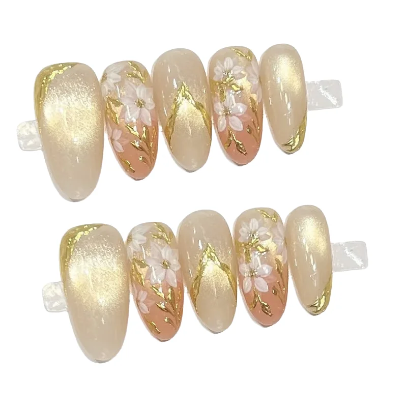 

24PCS Champagne Almond Fake Nails with Hand Painted White Floral Gold Foil French Design Press on Nails Elegant Vintage Nail Art