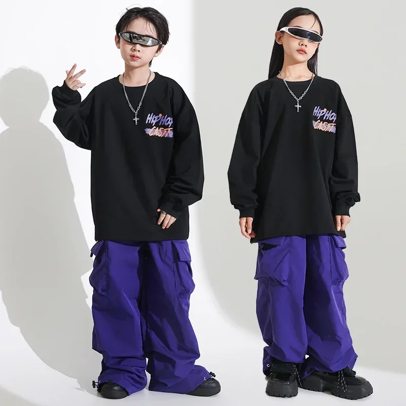

Детская одежда в стиле хип-хоп Kpop, черный свитшот, топы, уличная одежда, фиолетовые брюки для бега для девочек и мальчиков, костюм для джазовых танцев