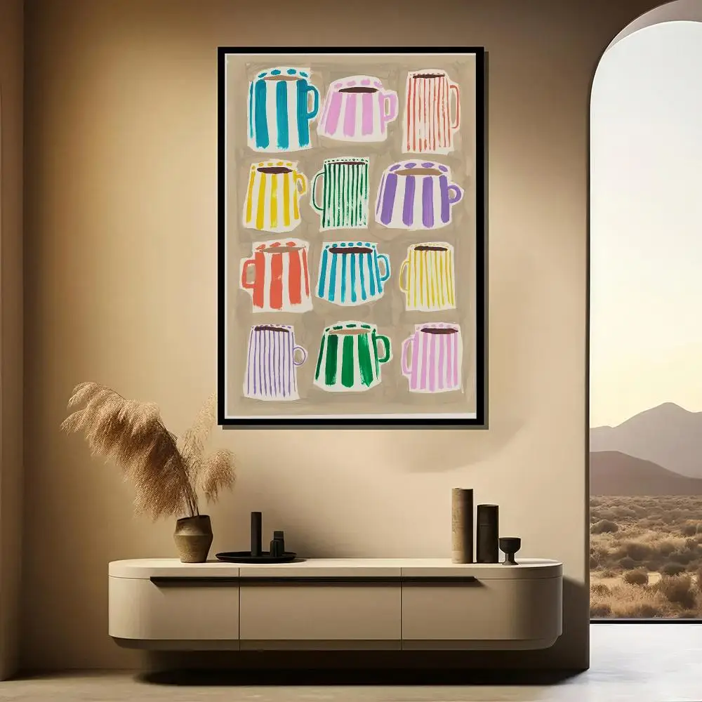 Colorful Coffee Cups HD Wall Art Poster Hand Painted Abstract Striped Cups Modern Kitchen Cafe Dining Room Home Decor Gift