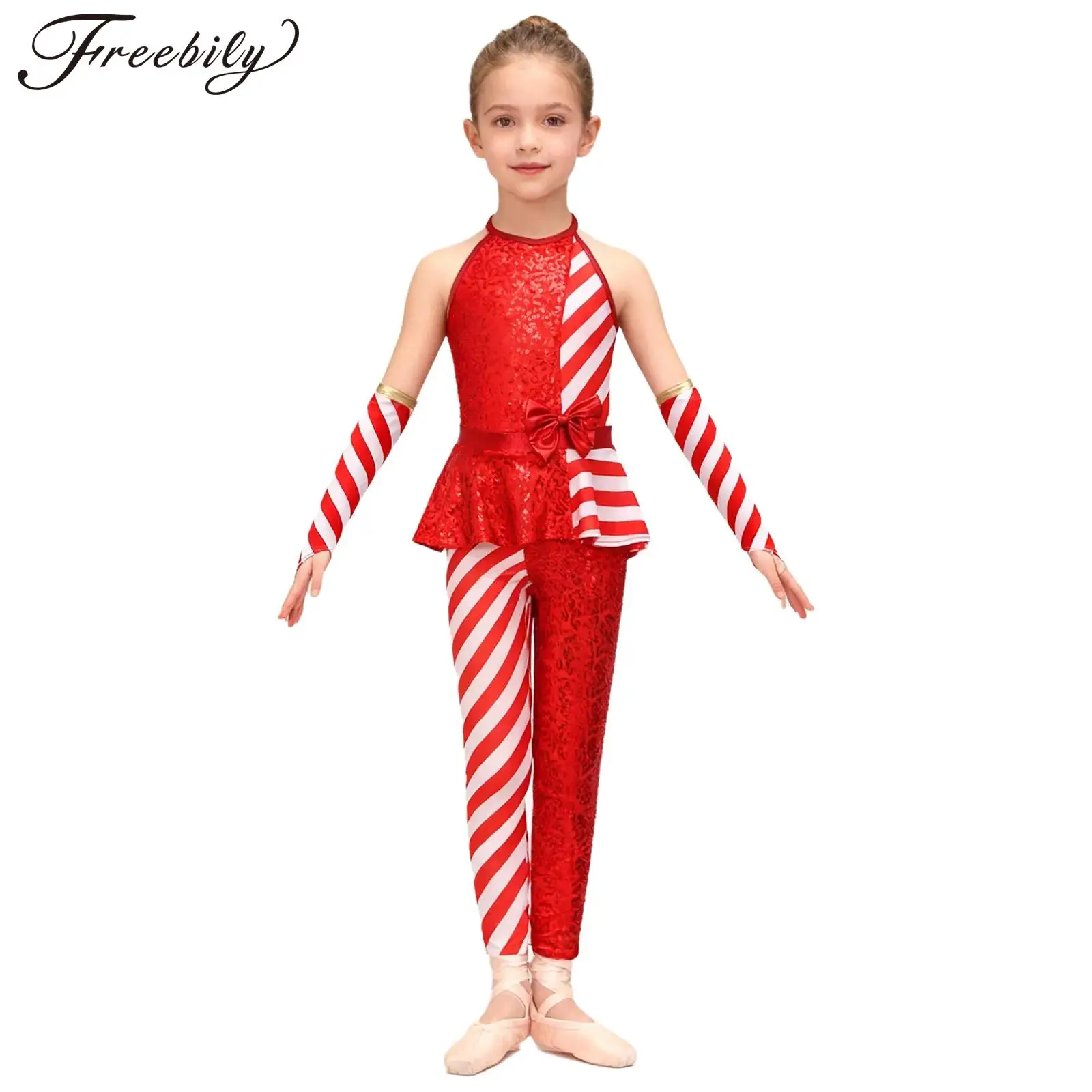 Disfraz de bastón de caramelo de Navidad para niñas, ropa de elfo de Papá Noel, mono de gimnasia de Ballet con lentejuelas a rayas y mangas para Carnaval de Navidad