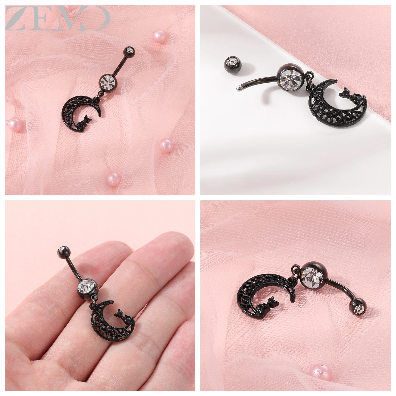 ZEMO 1 PC 14G จี้สแตนเลสสตีลแหวนผู้หญิง Cubic Zircon Belly แหวน Moon Star Cat Belly ปุ่มเจาะเครื่องประดับ 10 มม.