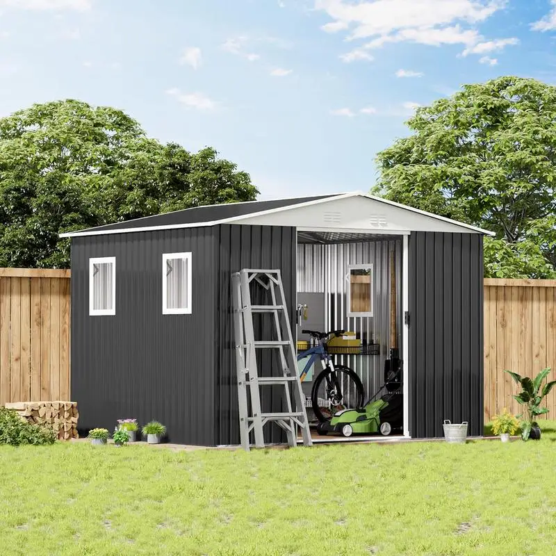 

Outdoor Storage Shed 12FT x 10FT Apex Roof Grey with 4 Windows and Aluminum Frame