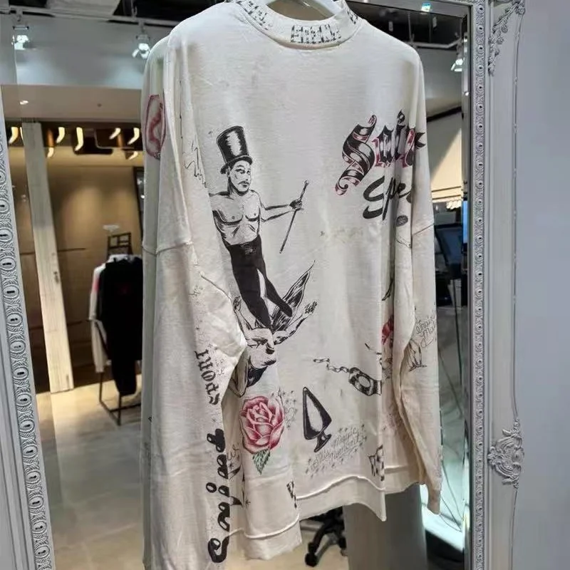 High Street Vintage Concrete White Premium Quality T-Shirt Long Sleeve Cartoon Graffiti Print SAINT T