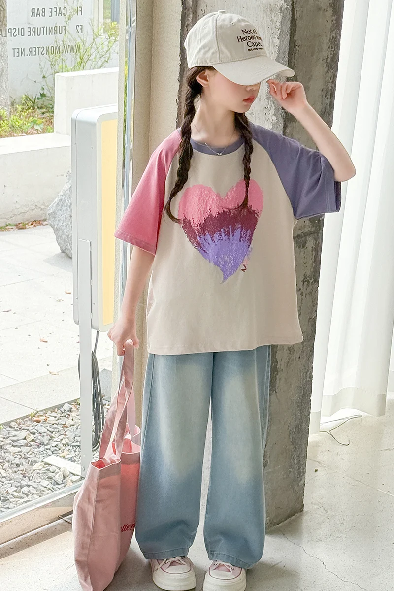 Mädchen T-Shirt Sommer 2026 Farbblock Herz-Print Oberteile Süß Niedlich Locker Bequeme Kinderkleidung – Detail 10