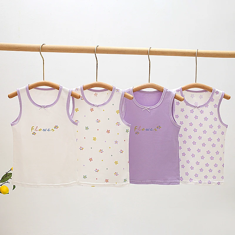 Kids Purple Floral Prints Singlet Shirt Cute Cotton Girl Under Shirt Size 100-150 Girl Breathable Tops Shirt Wear