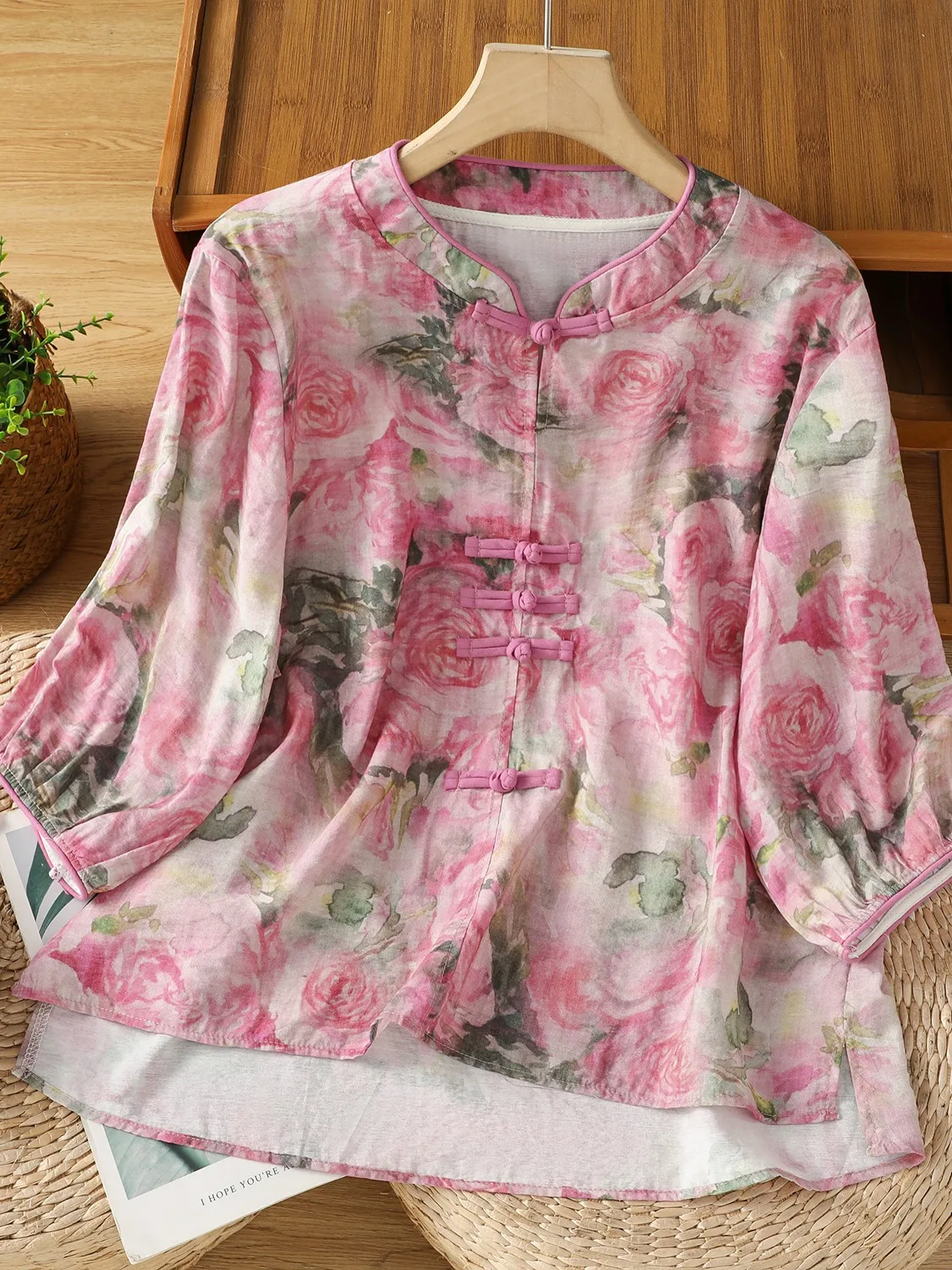 New Chinese Style Shirt Women's Summer Retro Reformed  Stand Collar Cotton Linen Small Top with Button Floral Print
