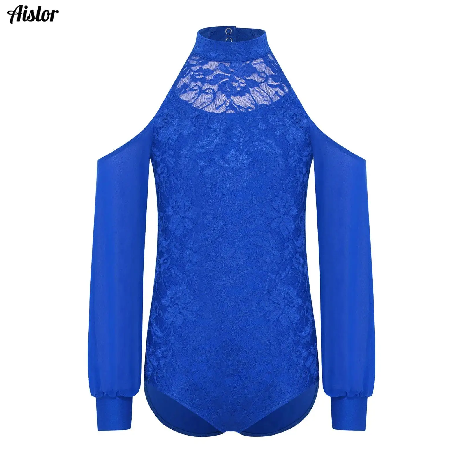 

Kids Girls Ballet Leotard Gymnastics Figure Skating Dancewear Cold Shoulder Mock Neck Sheer Mesh Cutout Long Sleeves Leotard