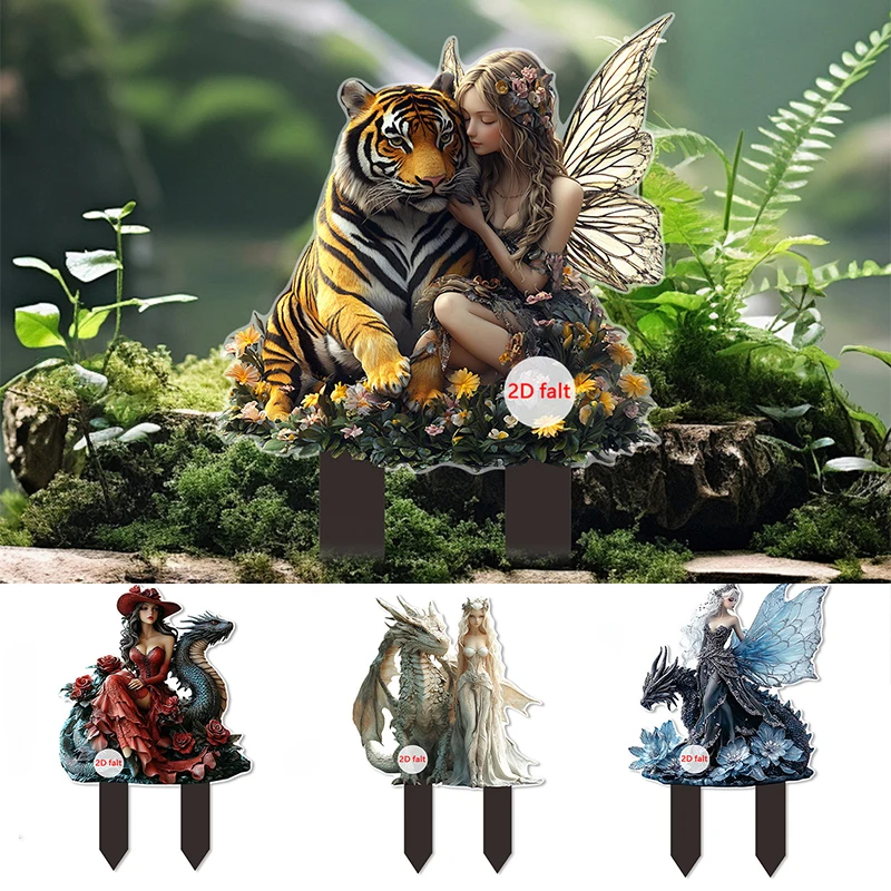 

Fairy Elf Girl and Dragon Statue Ornaments Acrylic Garden Stake Handicraft Ornaments Garden Home Decor