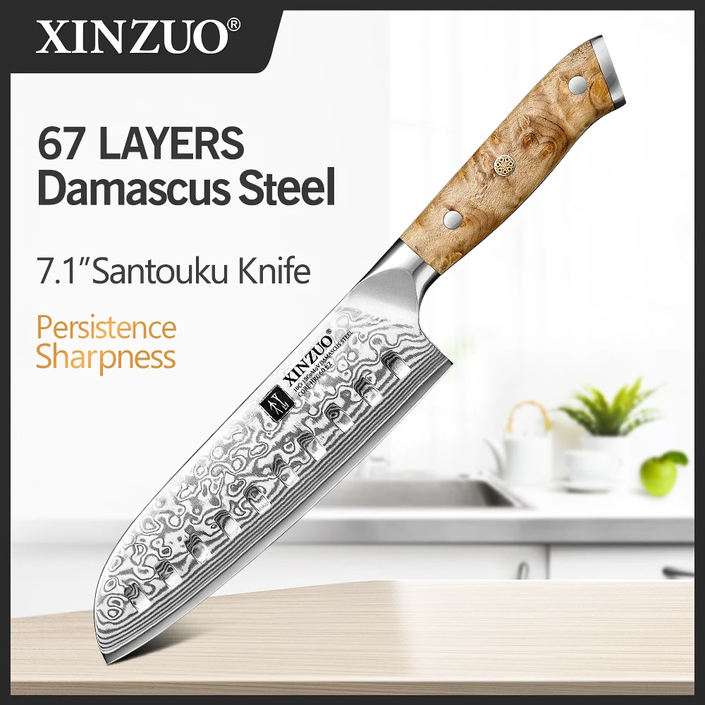 

XINZUO New Damascus Kitchen Knife 7.1 Inches Santoku Knife 10Cr15CoMov Steel Core Figured Sycamore Wood Handle Luxury Gift