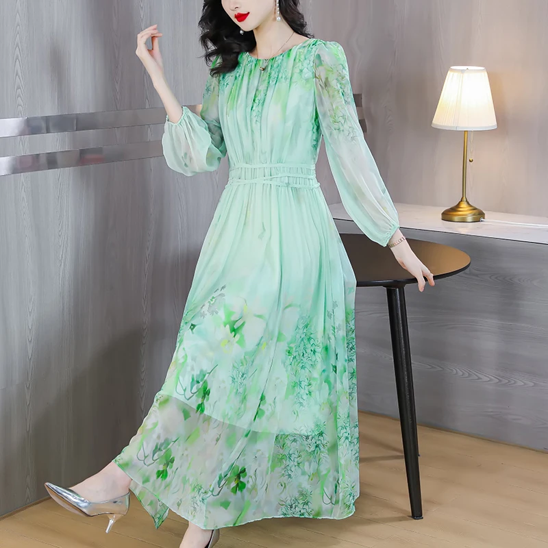 2023 Spring/Summer Silk Printed Dress O-Neck Long Sleeve Waist Shrinking Fragmented Flower Dress Mulberry Silk Knee Length Dress