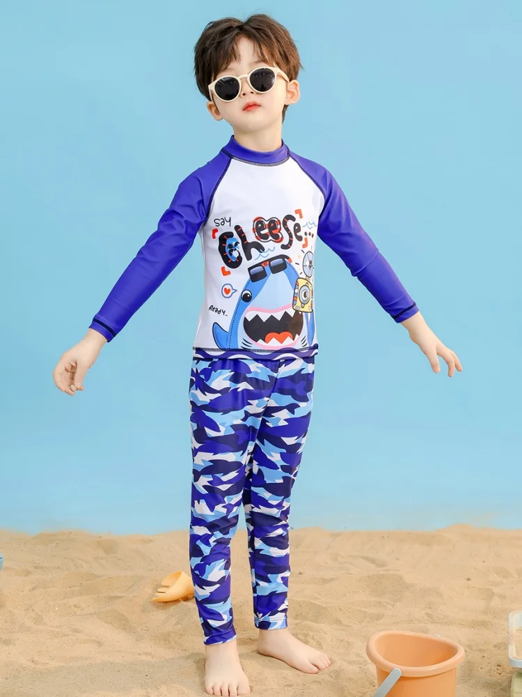 

Boy Kids Swimsuit 2025 New Cartoon Shark Long Sleeves Children Swimwear Summer Two Piece Long Pants Beach Bathing Suit Swimming