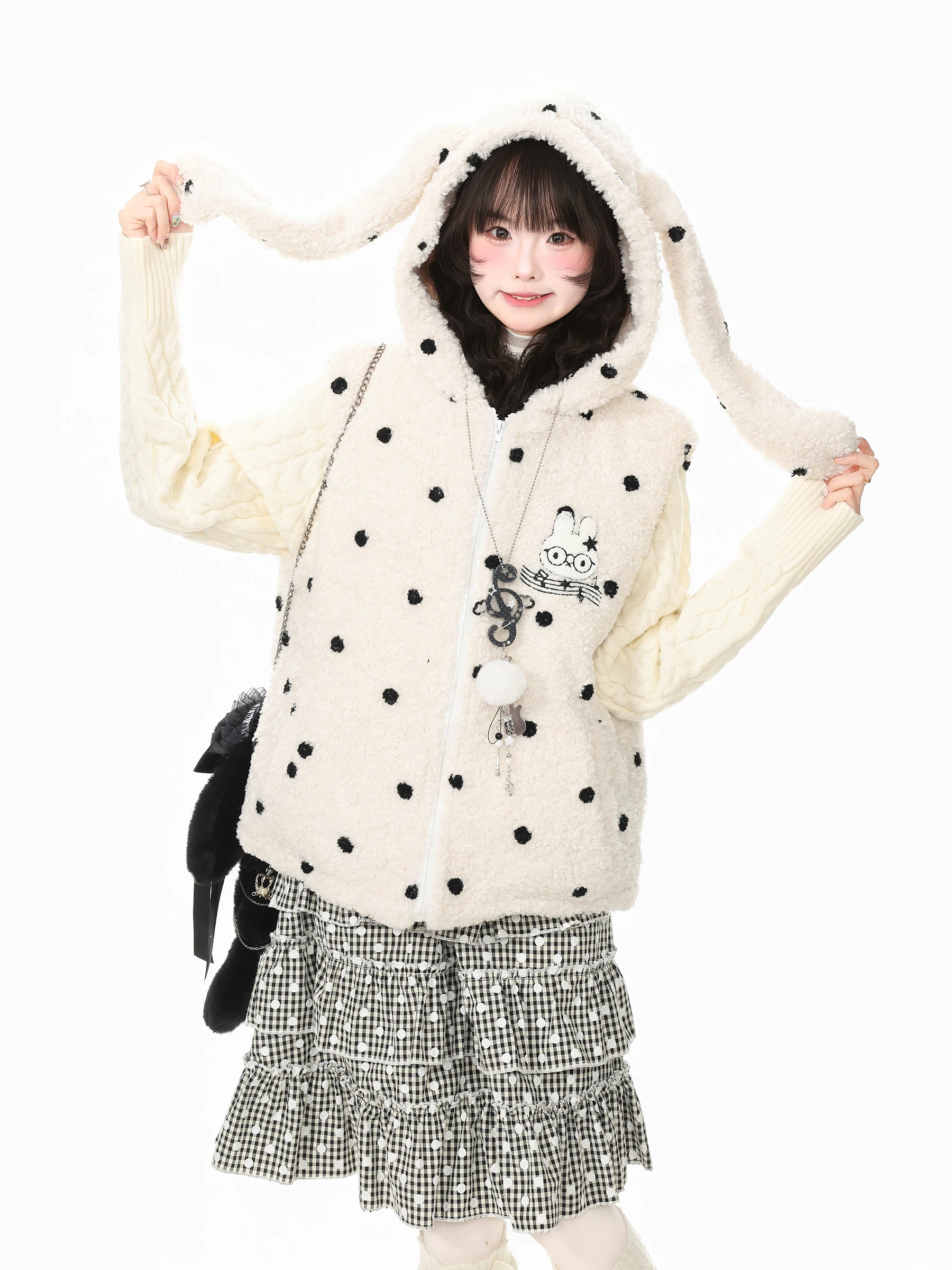 Languid Park Blue Ghost Park Cute Rabbit Ear Hooded Vest Jacket Women's Autumn Lamb Velvet Top Casual Style Standard Version