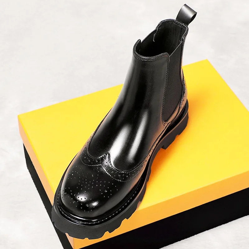British Brogue Chelsea Boots Men Autumn Winter Genuine Leather Thick Sole Outdoor Work Shoes Male Casual Motorcycle Ankle Boots