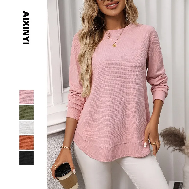 

Women Long Sleeve T Shirt Waffle Women's Long Sleeve T Shirts Crew Neck Knit Top Oversized Round Neck Casual Tee Pink Black