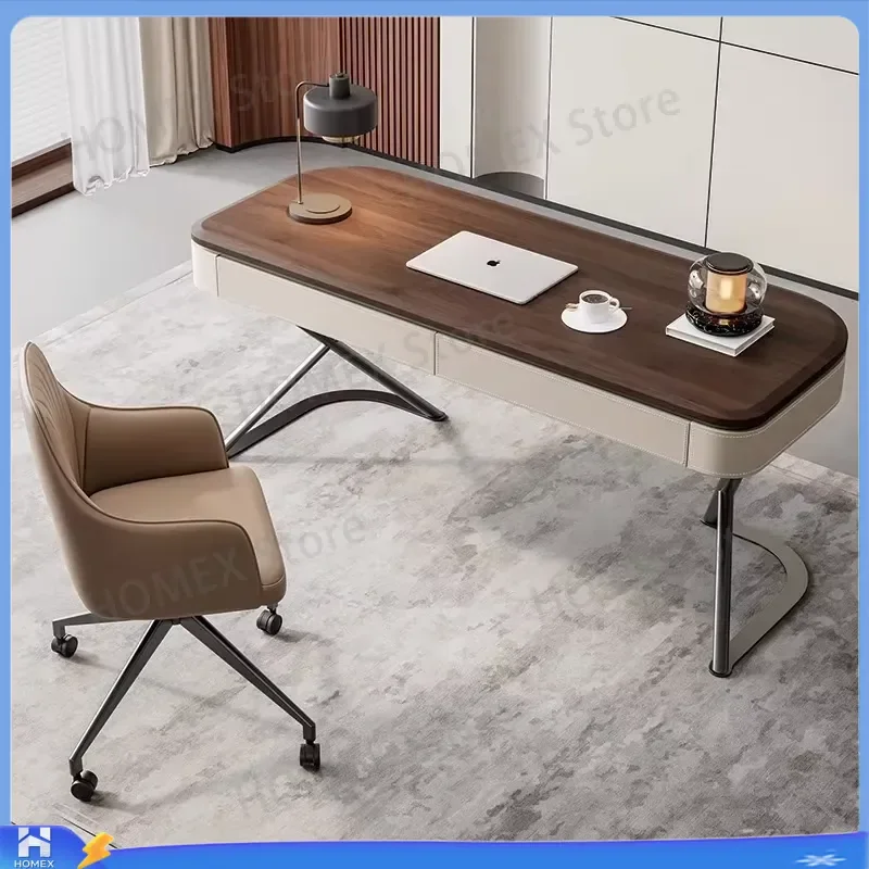 Retro Walnut Wood Veneer Office Desk and Chair Set Italian Executive Computer Table Modern Home Workstation Furniture