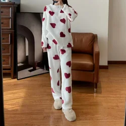 Kuzuwata Japanese 2024 Homewear Pajama Sets O Neck Heart Print Long Sleeve Top Sleepwear+high Waist Wide Leg Pant Underwear