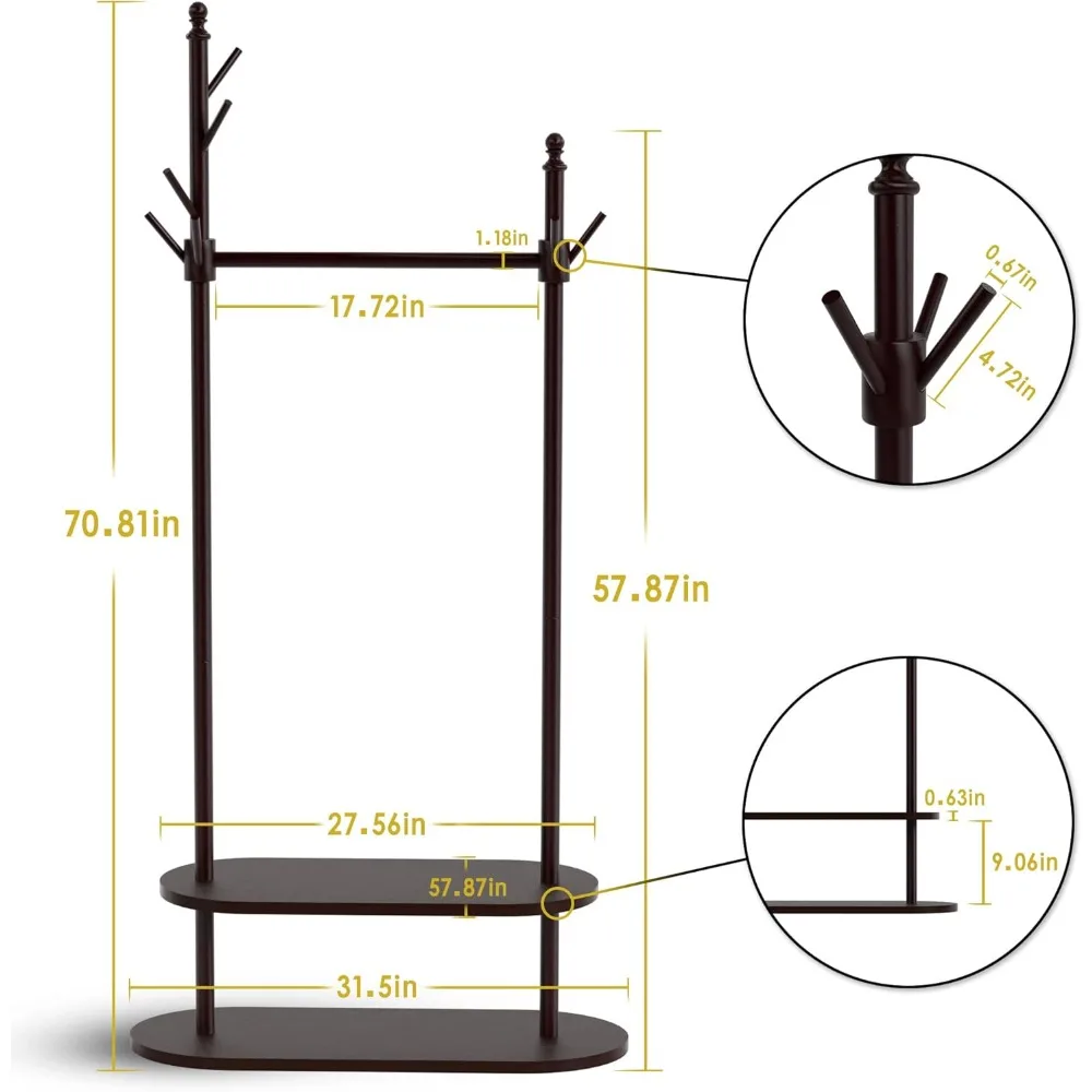 2-Tier Coat Rack Freestanding, Easy Assemble 8 Hooks Wooden Coat Rack with Shoe Storage Sturdy Coat Tree Save Space, Rustic Coat