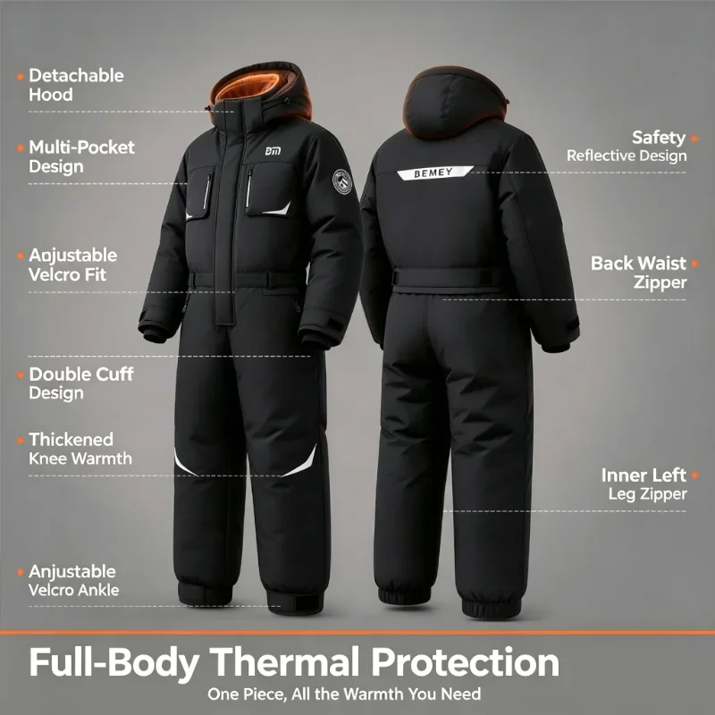 One‑Piece Winter Windproof Coverall Thick Fleece Lined Thermal Riding Suit for Electric Scooter Motorcycle Outdoor Cold Weather