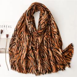 Autumn New Fashion Khaki Lurex Glitter Leopard Fringe Viscose Shawl Scarf High Quality Wrap Pashmina Stole Bufandas Muslim Hijab