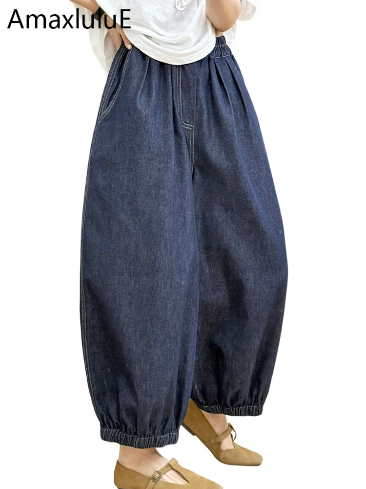 

Amax LuluE 2026 Летние модные повседневные джинсовые брюки для женщин, винтажные свободные классические однотонные джинсы, элегантные женские брюки с эластичной талией