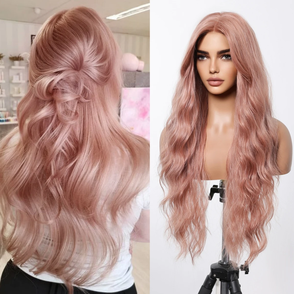 

Lace Pink Wavy Synthetic Wig Hairline Lace Long Cosplay Wigs for Women Middle Part Heat Resistant Fiber Lolita Wig Pink Style